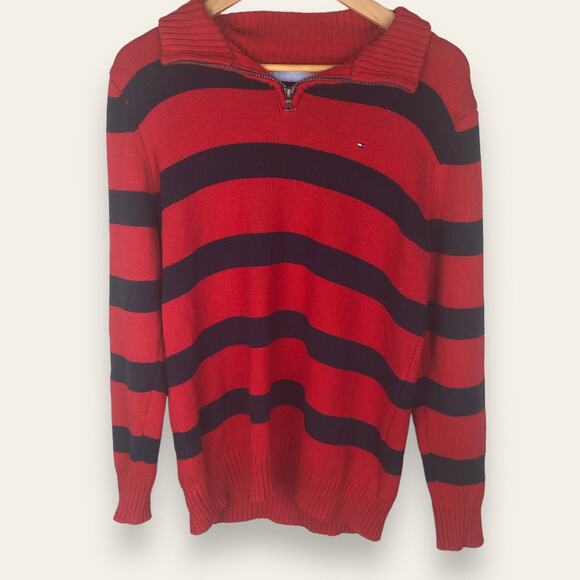 Tommy Hilfiger Y2k Style Red and Black Striped Polo Zippered Knit Sweater Emo - Picture 1 of 7